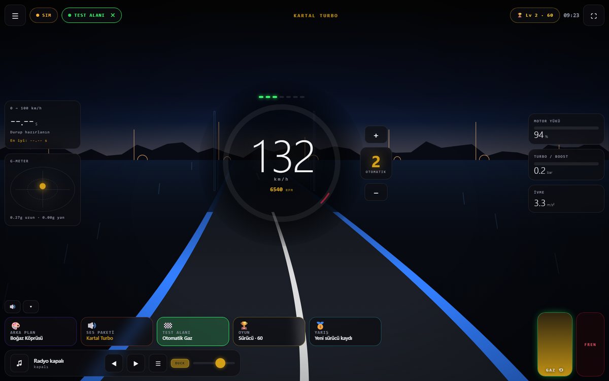 Wind Asist Drive kokpiti — Boğaz Köprüsü teması ve Kartal Turbo ses paketi ile 130 km/h