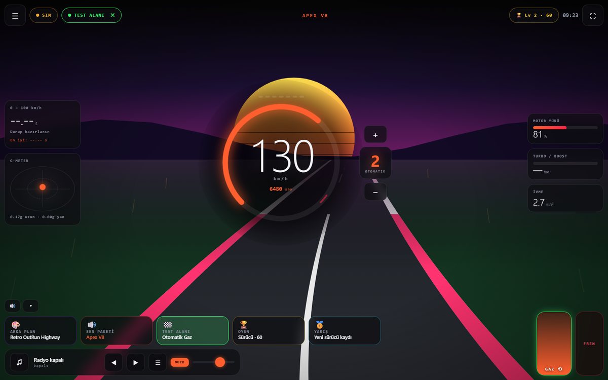 Wind Asist Drive — Retro OutRun Highway teması, Apex V8 ses paketi