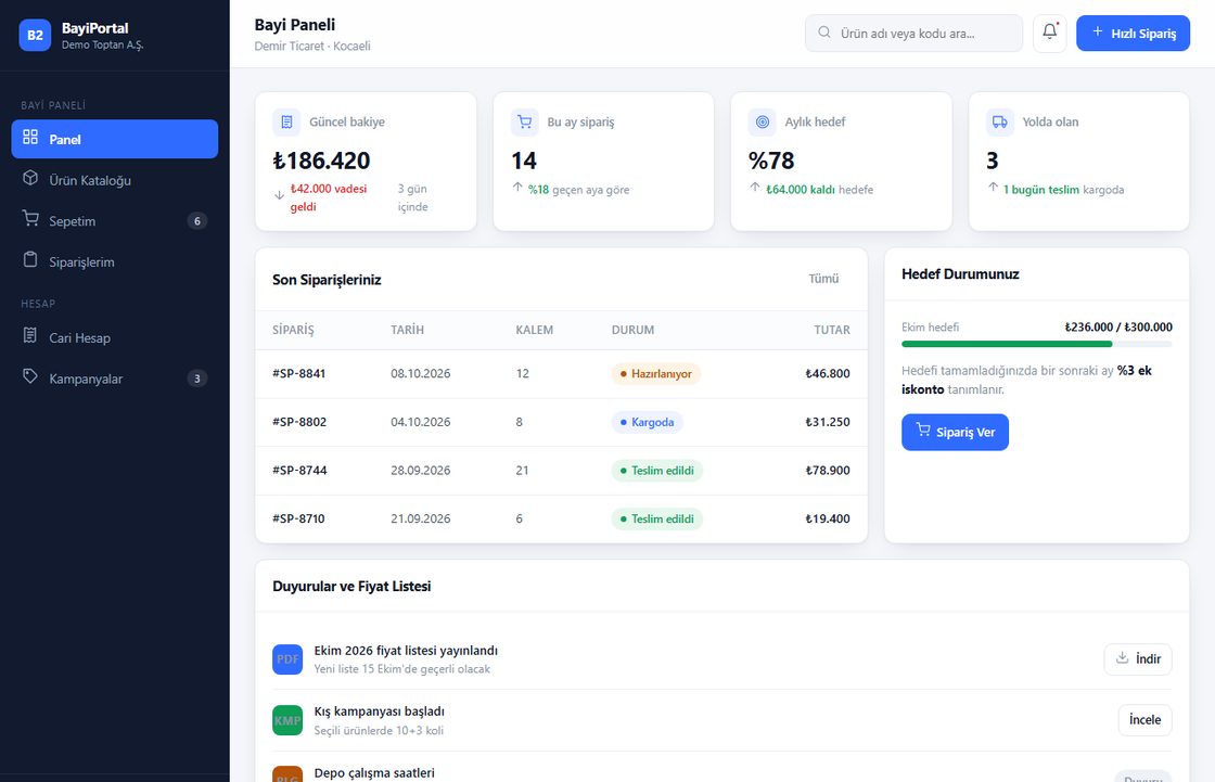 B2B ve Toptancı Yazılımları demo ekranı